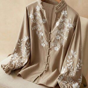Boho Floral Embroidered Linen Blouse Lantern Sleeve
